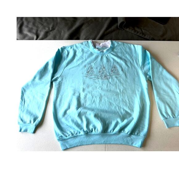 Baby Blue Christmas Sweatshirt,NEW,Beautiful, Sparkly, Bling, Tress, Pastels,L? - Picture 4 of 6